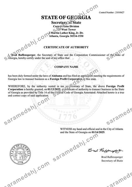 USA Georgia certificate of authority Word and PDF template